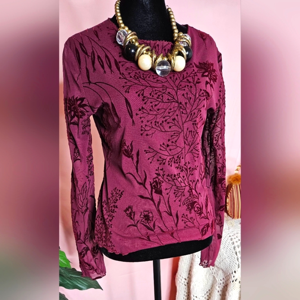 Context Mesh Long-sleeved Top Burgundy semi-sheer size small